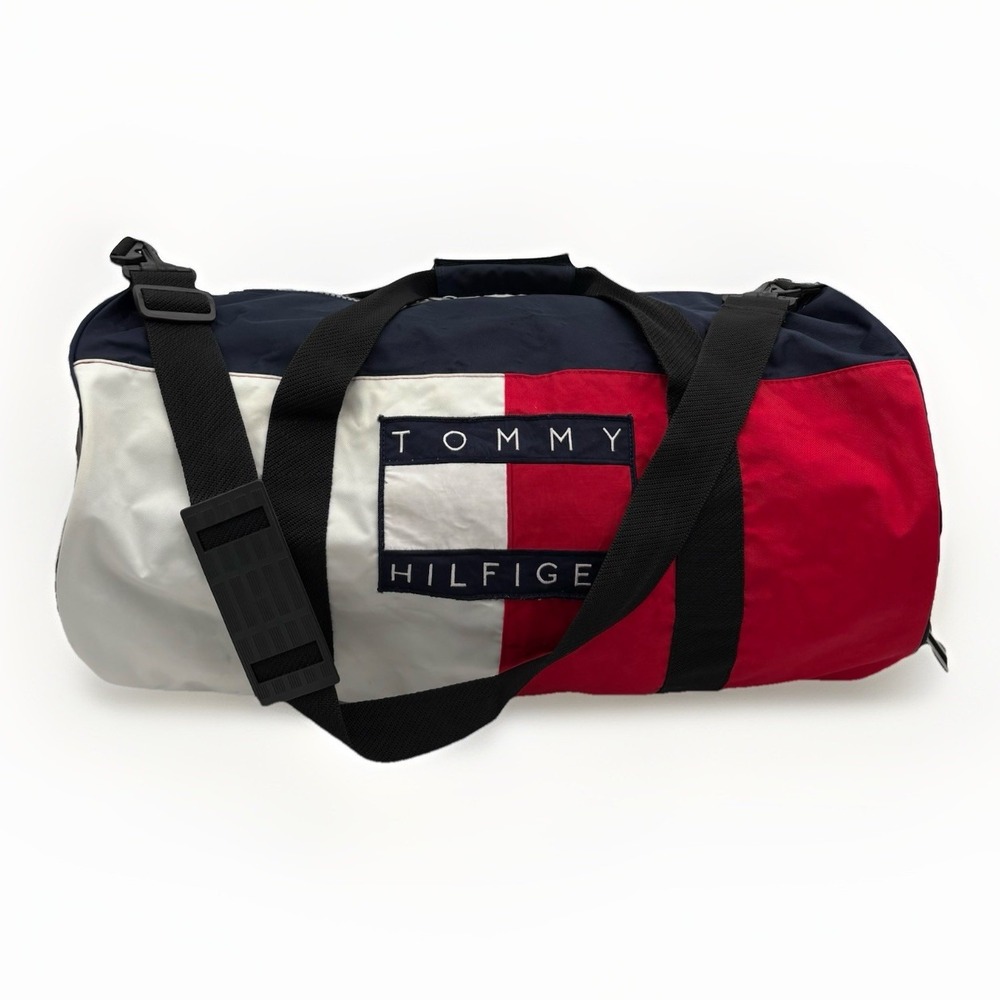 Tommy Hilfiger Vintage Blue Logo SpellOut Flag Duffle Travel Bag 24x12x10 Duffel